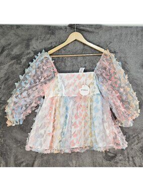 3D Butterfly Top Babydoll Sheer Size L Fairy Elf Pastel 3/4 Sleeve Colorful NWT
